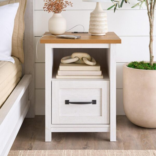 Better Homes and Gardens Modern Farmhouse Nightstand with USB, Alabaster and Light Honey Finish