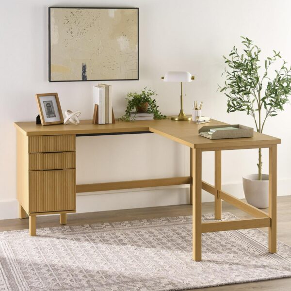 Better Homes and Gardens Lillian Fluted L-Shape Desk, Natural Pine Finish