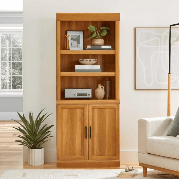 Better Homes and Gardens Glendale Bookcase With Doors, Light Honey Finish