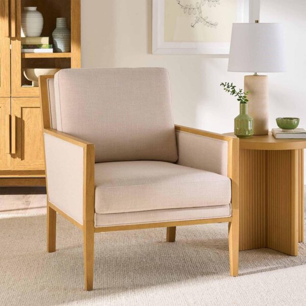 Better Homes and Gardens Windsor Linen Armchair, Light Honey Wood