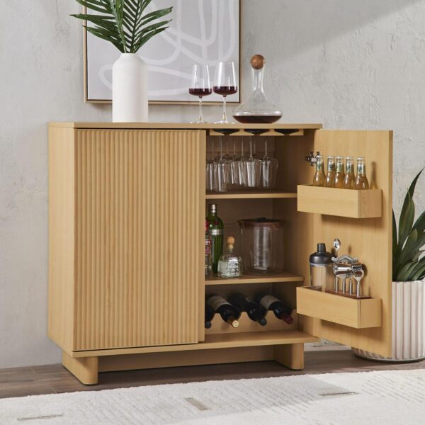 Better Homes and Gardens Lillian Fluted Bar Cabinet, Natural Pine Finish