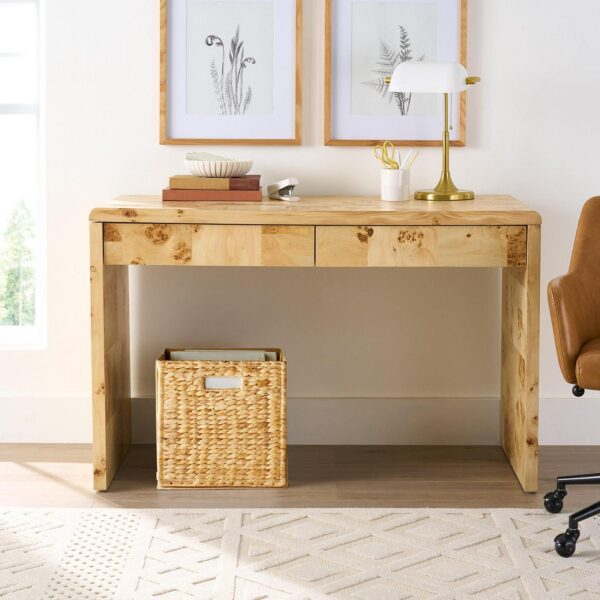 Better Homes and Gardens Burlwood Writing Desk with Two Drawers, Light Burl Wood Veneer