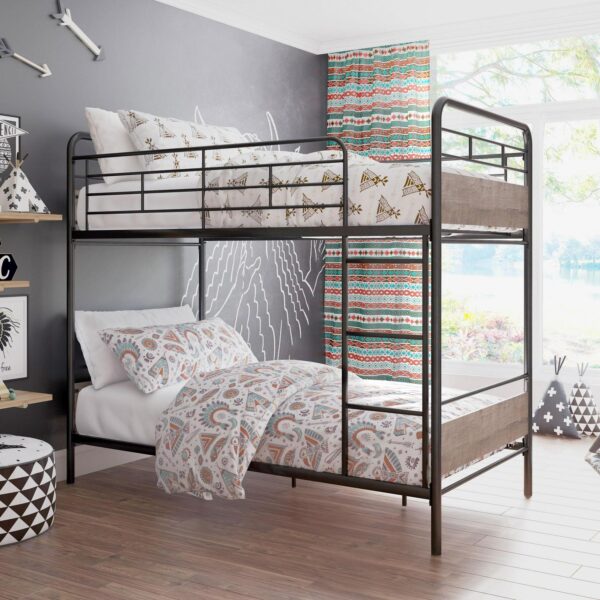 Better Homes and Gardens Anniston Twin Over Twin Bunk Bed, Metal Frame and Rustic Gray Accents