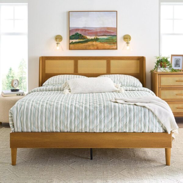 Better Homes and Gardens Springwood Caning King Platform Bed With Headboard, Light Honey Finish