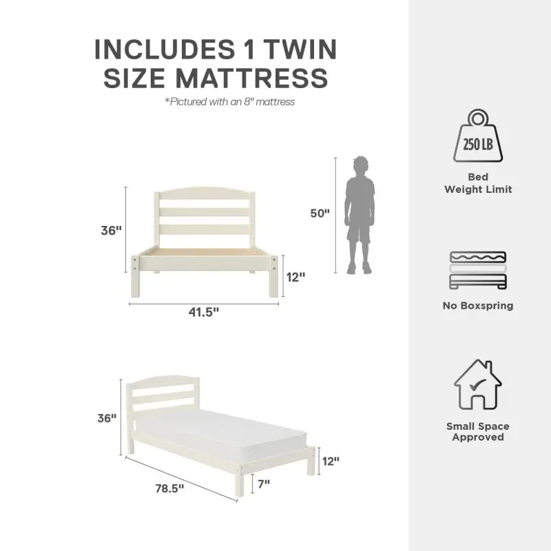 Better Homes and Gardens Leighton Bed Frame with Signature Sleep Tranquil 8-Inch Pocket Spring Mattress, Twin, White - Image 4