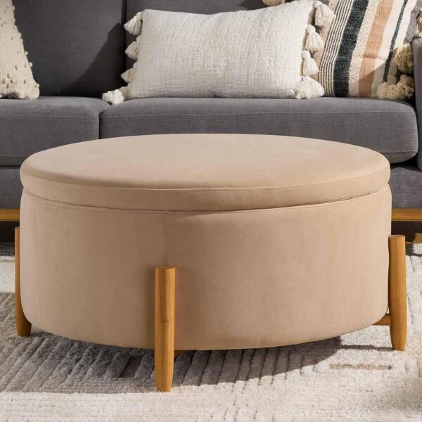 Better Homes and Gardens Springwood Round Storage Ottoman, Beige Velvet