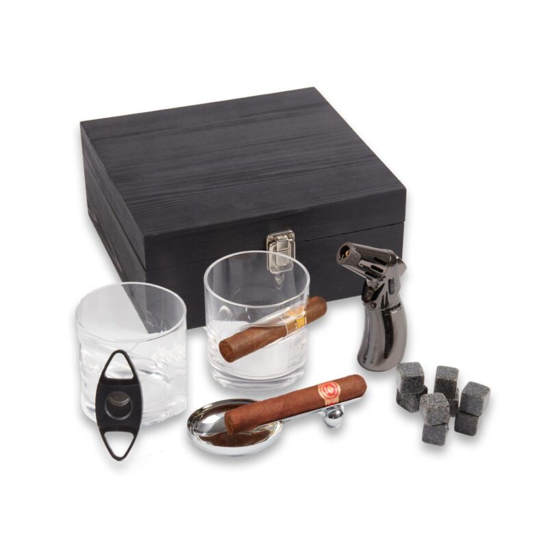Bey-Berk Boulevardier Set with Two Whiskey Glasses, 12 Whiskey Stones, Cigar Torch, Ashtray and Cutter - Image 2