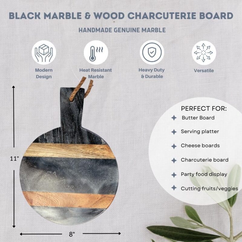 Black Marble and Wood Accent Charcuterie Board with Handle - Image 4