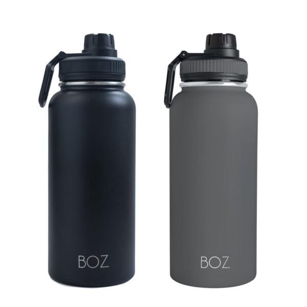 Boz Stainless Steel Water Bottles 2 Pack Bundle - Grey + Black Vaccum Insulated Water Bottles 32 Oz