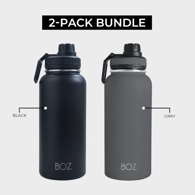 Boz Stainless Steel Water Bottles 2 Pack Bundle - Grey + Black Vaccum Insulated Water Bottles 32 Oz - Image 2