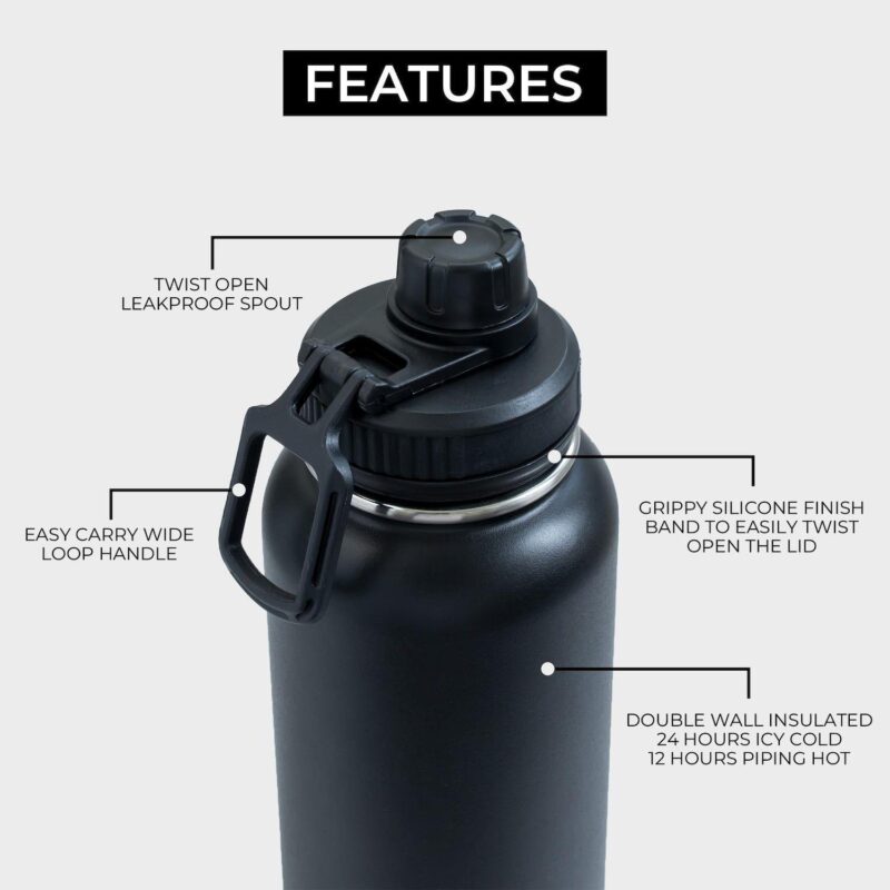 Boz Stainless Steel Water Bottles 2 Pack Bundle - Grey + Black Vaccum Insulated Water Bottles 32 Oz - Image 4