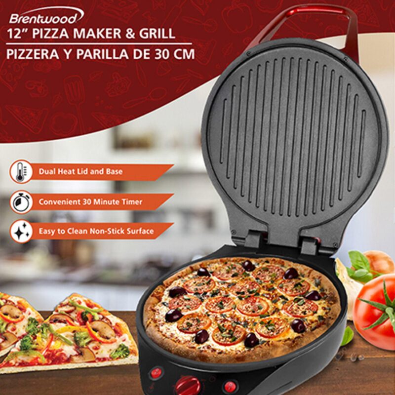 Brentwood 12 Inch Non Stick Pizza Maker and Grill in Red - Image 2