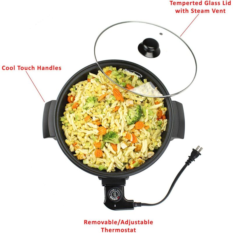 Brentwood 12 inch Round Non-Stick Electric Skillet with Vented Glass Lid in Black - Image 3