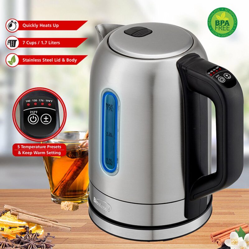 Brentwood 1500 Watt Stainless Steel 1.7 Liter Electric Kettle with 5 Temperature Presets - Image 2