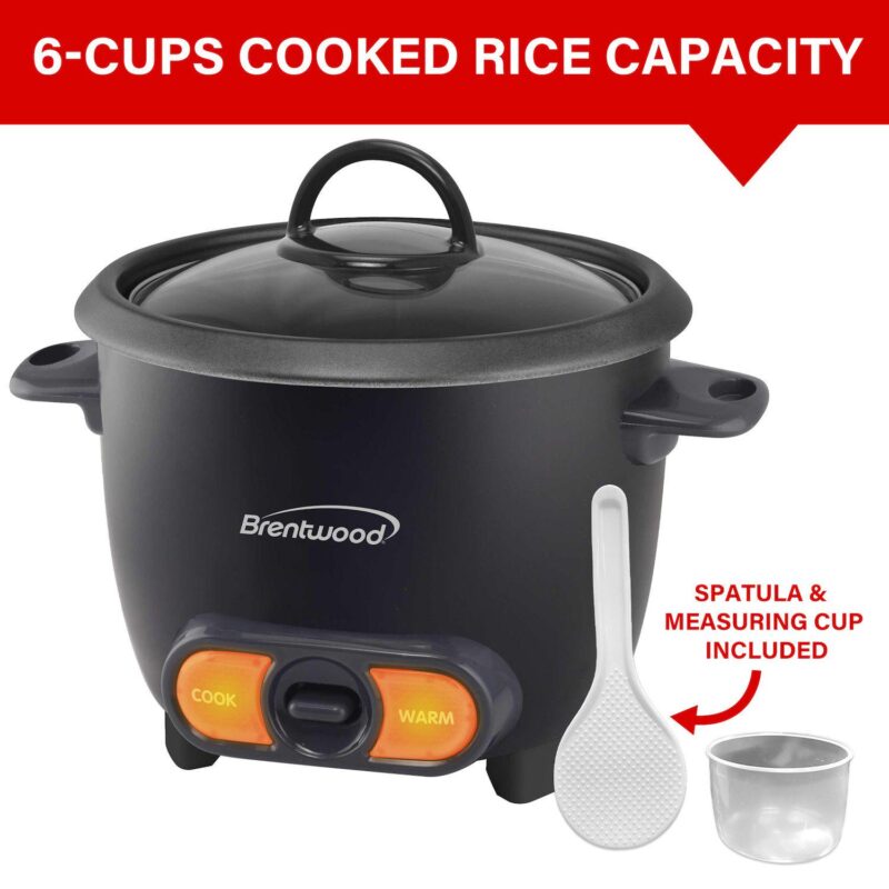 Brentwood 3 Cup Uncooked/6 Cup Cooked Non Stick Rice Cooker in Black - Image 4