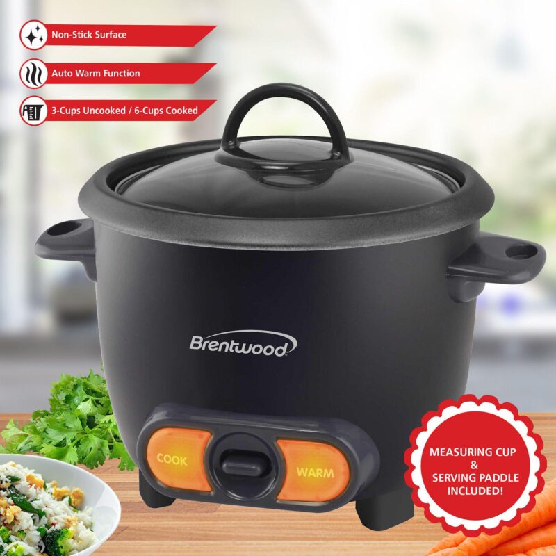 Brentwood 3 Cup Uncooked/6 Cup Cooked Non Stick Rice Cooker in Black - Image 2