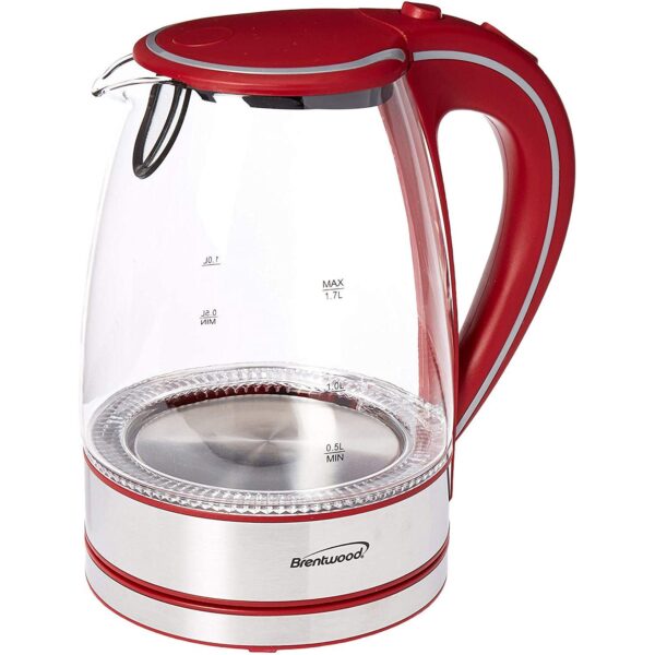 Brentwood KT-1900R 1100W 1.7 Liter Cordless Electric Glass Tea Kettle Pot, Red