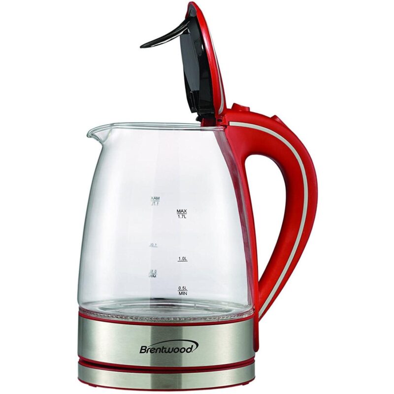 Brentwood KT-1900R 1100W 1.7 Liter Cordless Electric Glass Tea Kettle Pot, Red - Image 2