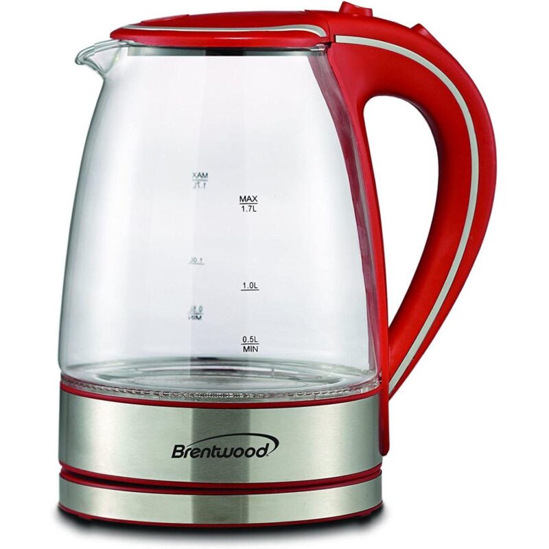 Brentwood KT-1900R 1100W 1.7 Liter Cordless Electric Glass Tea Kettle Pot, Red - Image 4