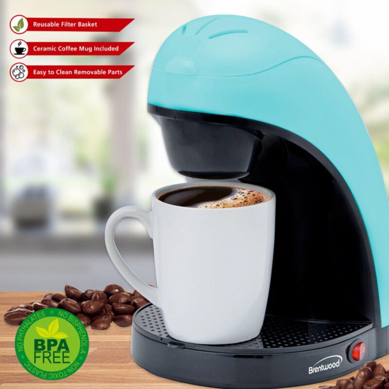 Brentwood Single Serve Coffee Maker with Porcelain Mug in Blue - Image 2
