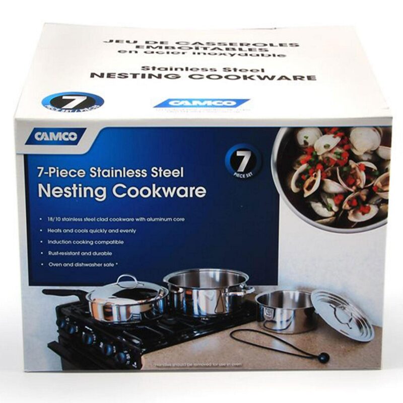 Camco 7 Piece Stainless Steel Cookware Nesting Set w/Handle and Storage Strap - Image 5