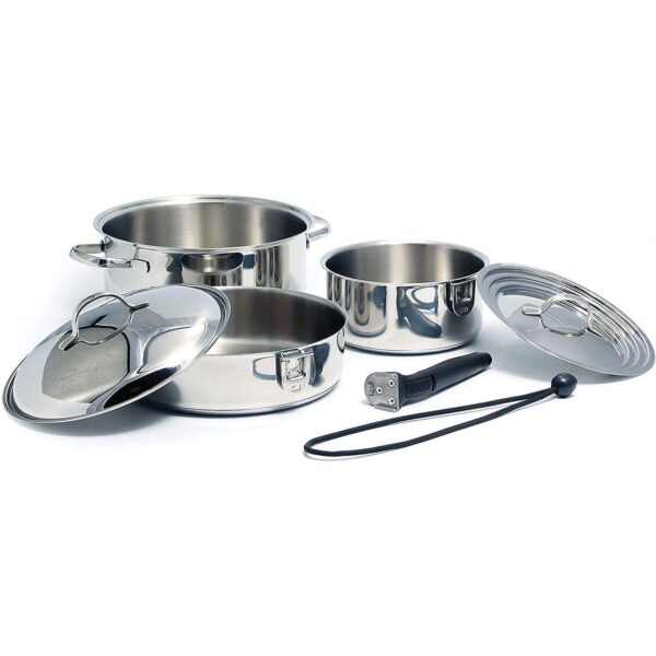 Camco 7 Piece Stainless Steel Cookware Nesting Pot Set w/Handle and Storage Strap