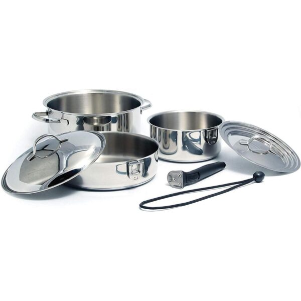 Camco 7 Piece Stainless Steel Cookware Nesting Set w/Handle and Storage Strap