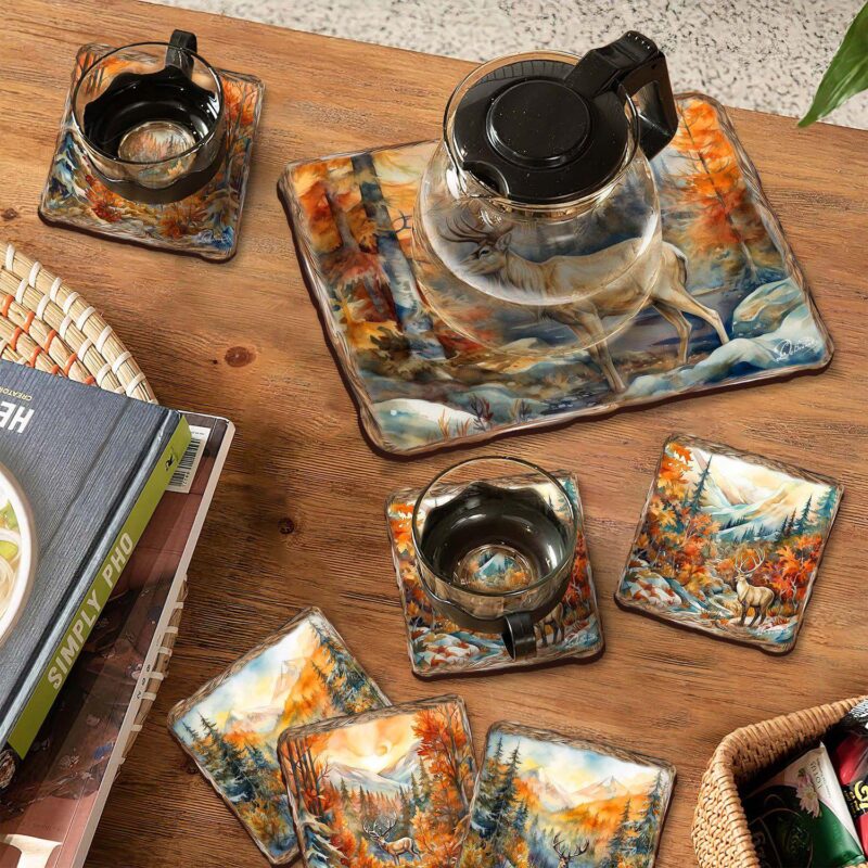 Caribou Wooden Cork Placemat And Coasters Gift Set Of 7 - Image 2