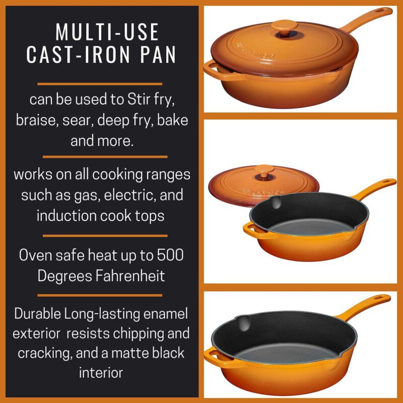 Cast Iron Saute Pan With Lid, Oven Safe Cast Iron Skillet, Nonstick Cookware For Casserole Dish - Image 3
