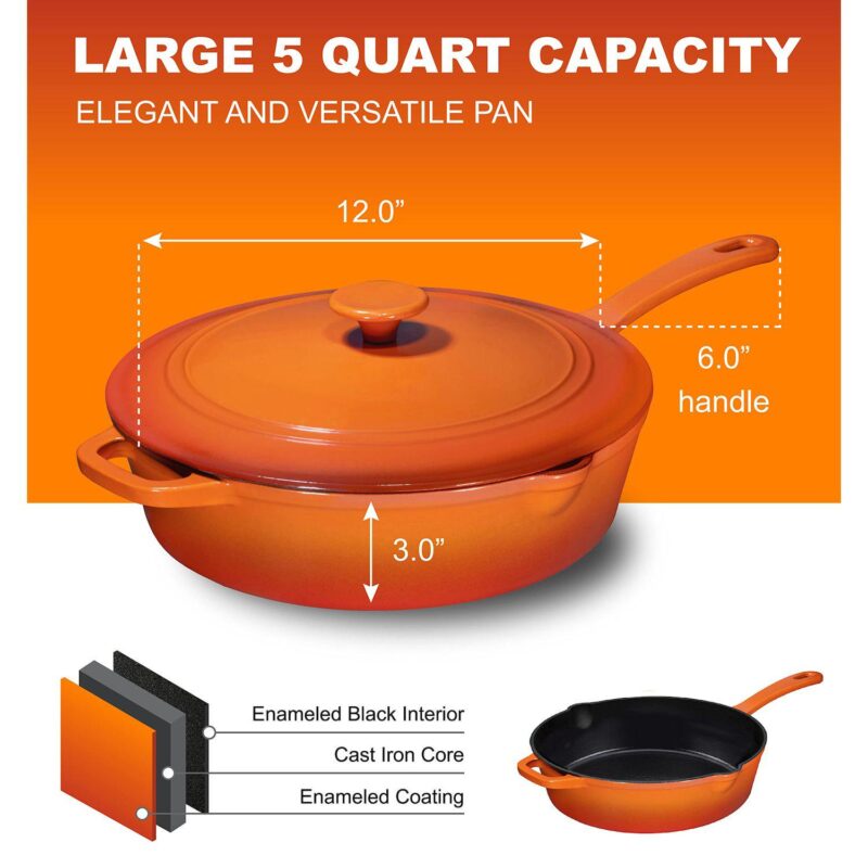 Cast Iron Saute Pan With Lid, Oven Safe Cast Iron Skillet, Nonstick Cookware For Casserole Dish - Image 2