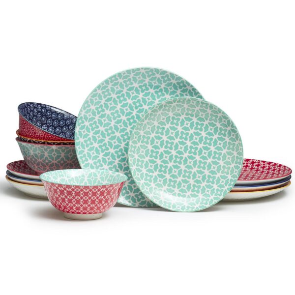 Ceramic Plates and Bowls Set, 12-Piece Dinnerware Set for Christmas Decor, Colorful Dish Set for 4