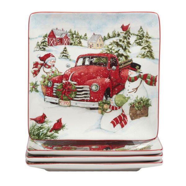 Certified International Red Truck Snowman 4-pc. Dinner Plate Set