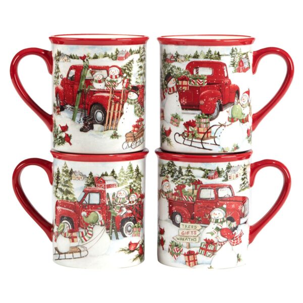 Certified International Red Truck Snowman 4-pc. Mug Set