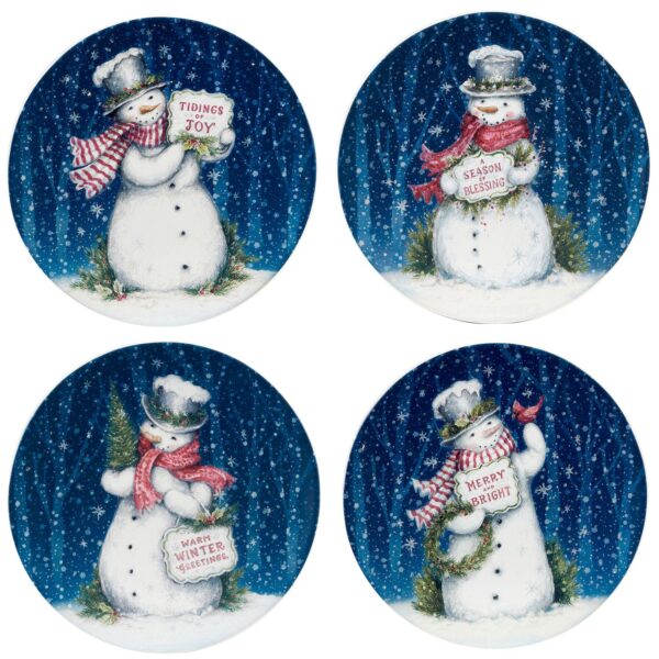 Certified International Snowman's Greeting 4 Dinner Plates Set