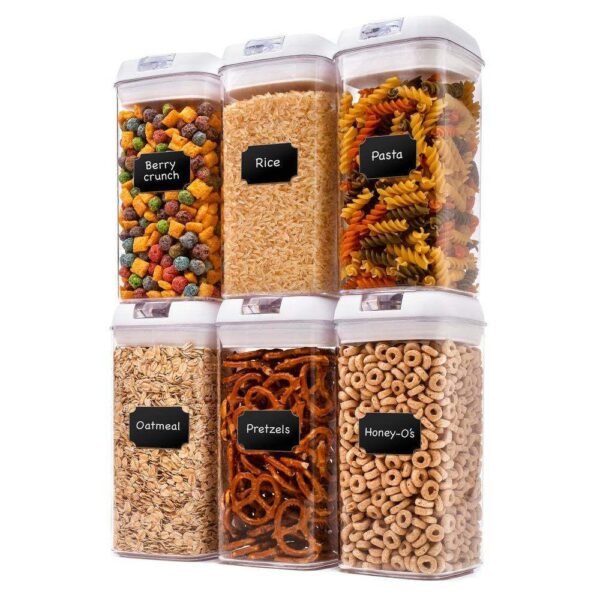 Cheer Collection One Size Airtight Food Storage Containers - Set of 6 IDENTICAL 42 oz Pantry Organizer Bins plus Marker and Labels