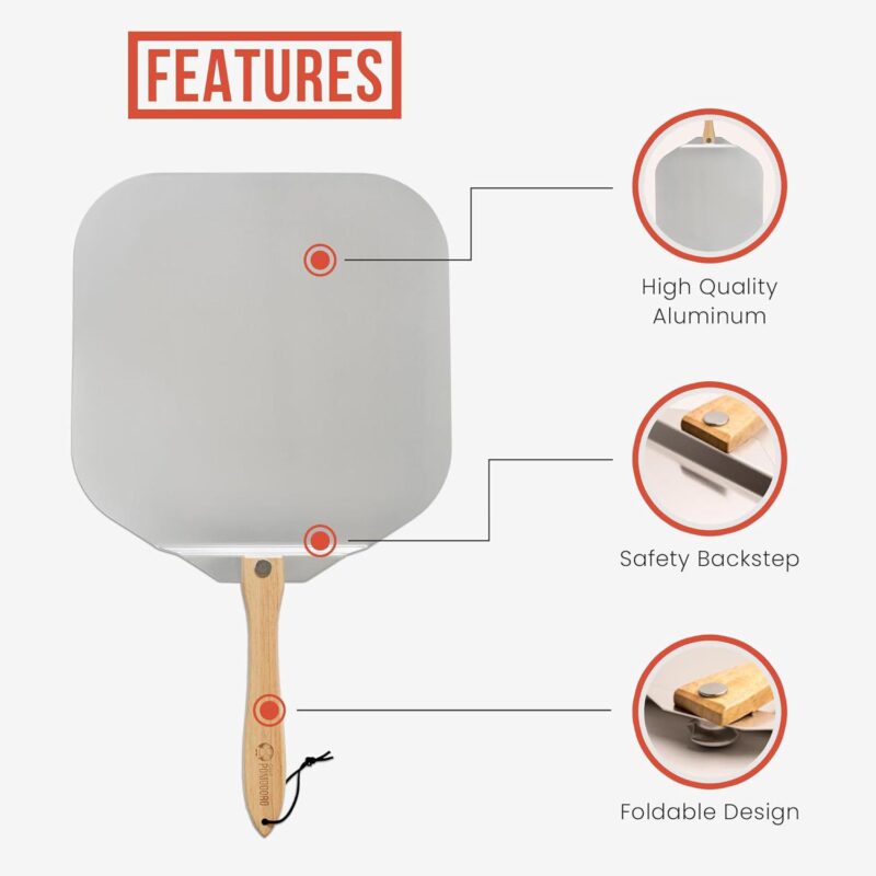 Chef Pomodoro Aluminum Metal Pizza Peel with Foldable Wood Handle for Easy Storage - Image 3