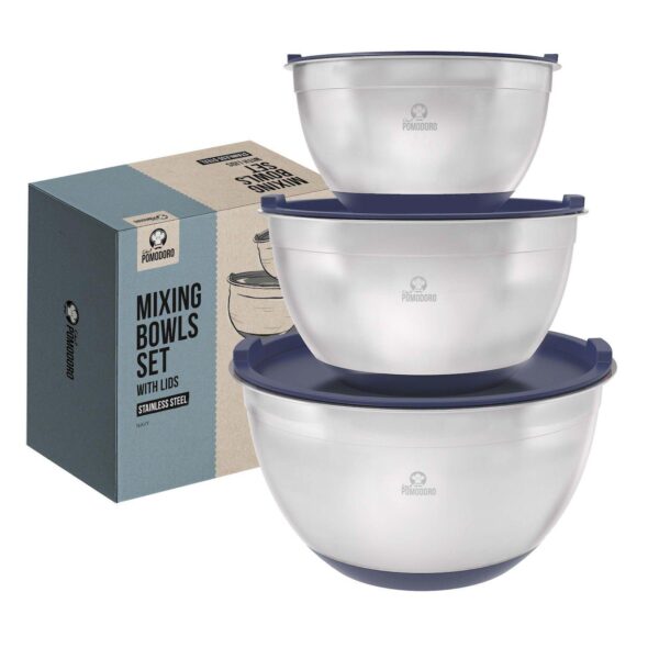 Chef Pomodoro Mixing Bowls With Lids, Stainless Steel Bowl Set, Non-slip Silicone Base