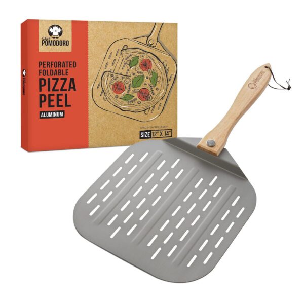 Chef Pomodoro Perforated Aluminum Metal Pizza Peel With Foldable Wood Handle (12 Inch)