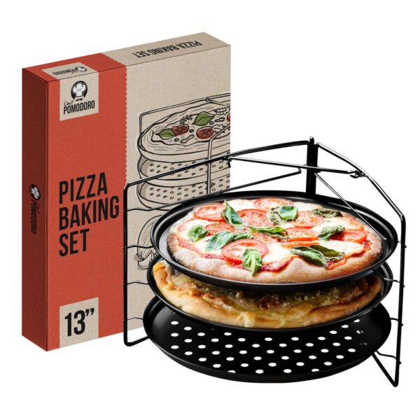 Chef Pomodoro Pizza Baking Set With 3 Pizza Pans And Pizza Rack, Non-stick Perforated Pizza Trays