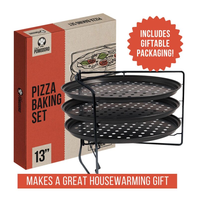 Chef Pomodoro Pizza Baking Set With 3 Pizza Pans And Pizza Rack, Non-stick Perforated Pizza Trays - Image 5