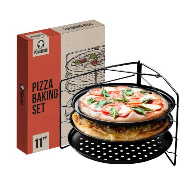 Chef Pomodoro Pizza Baking Set With 3 Pizza Pans And Pizza Rack, Non-stick Perforated (11-inch Pans)