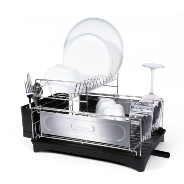 Compact 2-tier Fingerprint-proof Stainless Steel Dish Drying Rack With Swivel Spout Tray