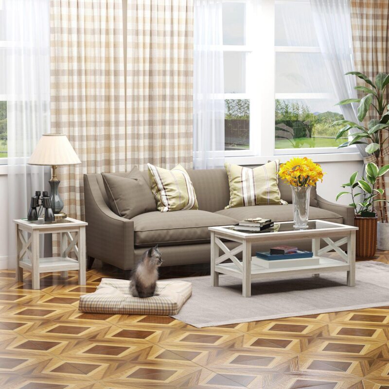 Cottage Style Living Room Media Console Table With Bottom Storage Shelf and X Bar - Image 5