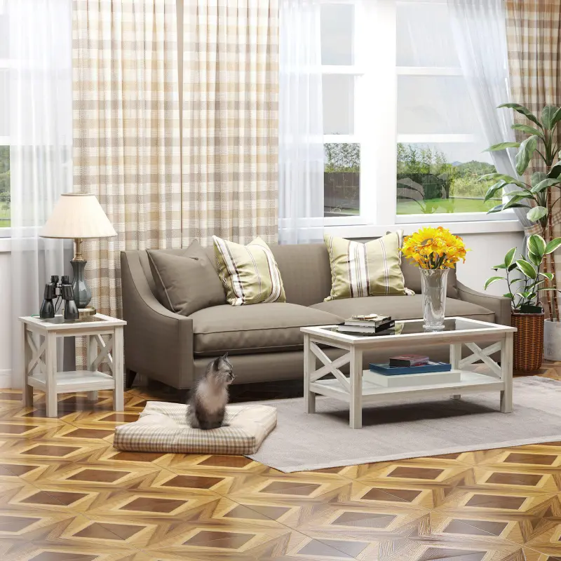 Cottage Style Living Room Media Console Table With Bottom Storage Shelf and X Bar - Image 5