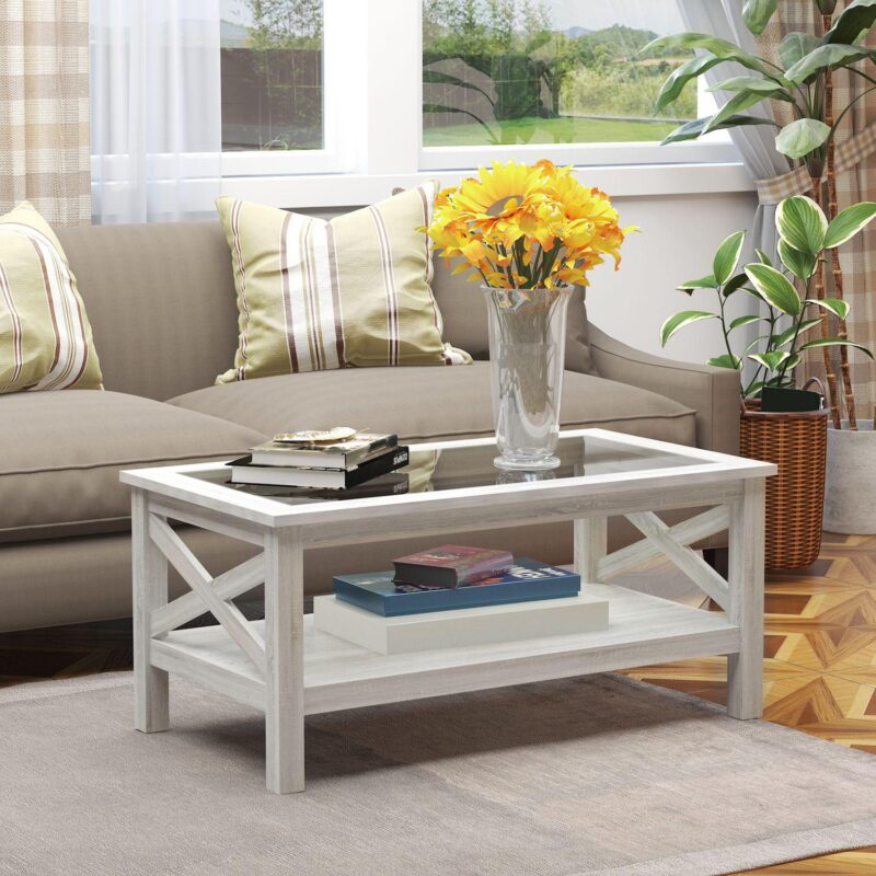 Cottage Style Living Room Media Console Table With Bottom Storage Shelf and X Bar - Image 2