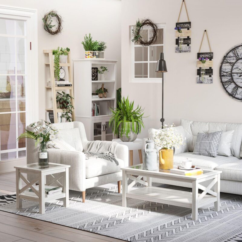 Cottage Style Living Room Media Console Table With Bottom Storage Shelf and X Bar - Image 4