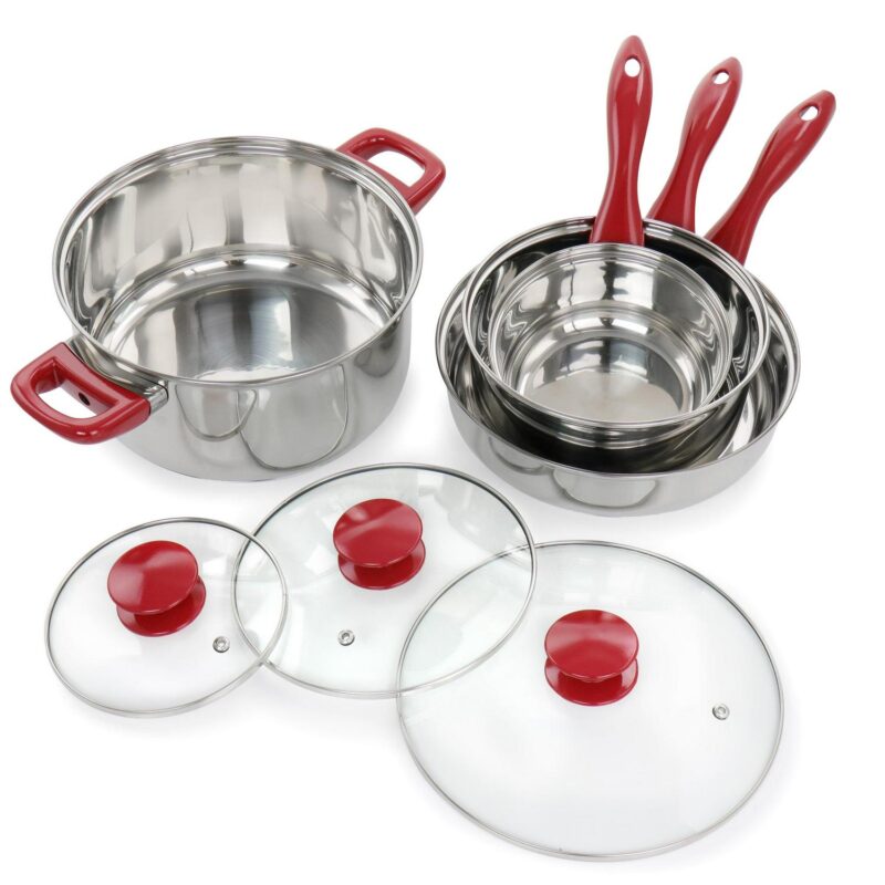 Crawson 7 Piece Stainless Steel Cookware Set in Chrome with Red Handles - Image 2