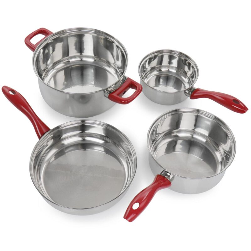 Crawson 7 Piece Stainless Steel Cookware Set in Chrome with Red Handles - Image 3