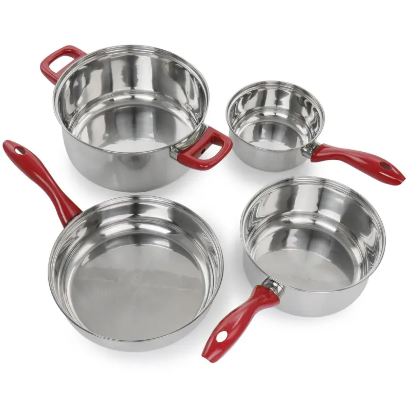 Crawson 7 Piece Stainless Steel Cookware Set in Chrome with Red Handles - Image 3