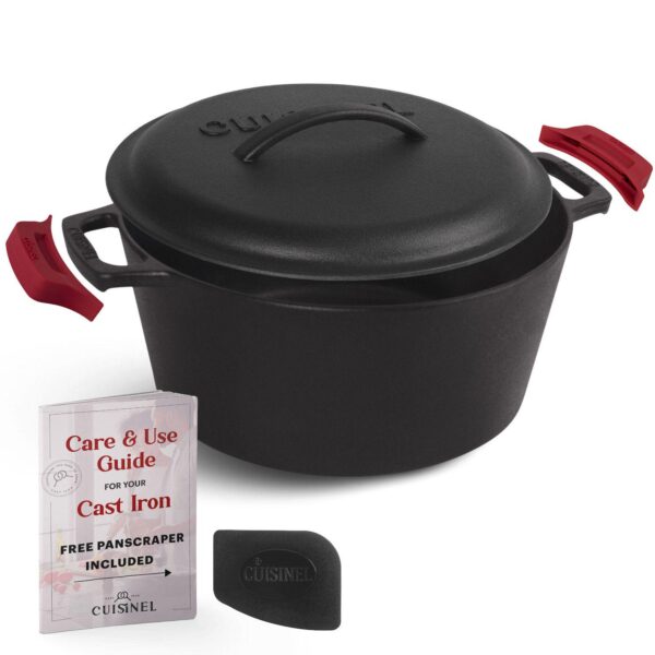 Cuisinel Cast Iron Dutch Oven - Deep Pot + Lid + Pan Scraper + Handle Covers